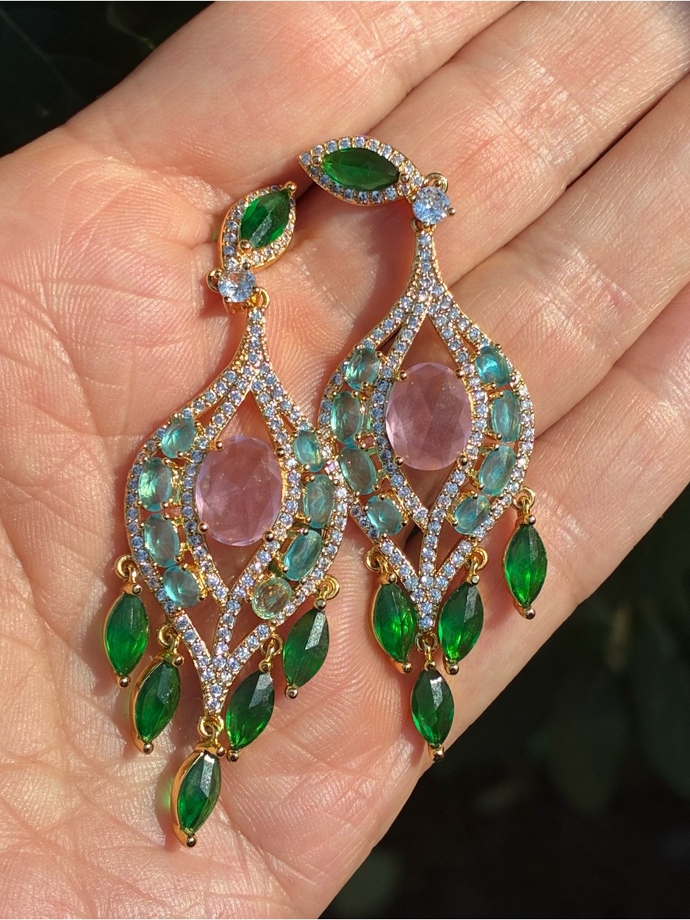 Emerald & Rose Crystal Chandelier Earrings | Refined Luxe Statement ✨